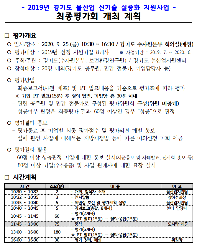 2019 경기도 물산업 신기술 실증화 지원사업 최종평가회 개최